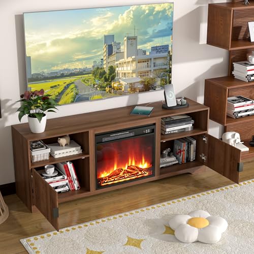 Fireplace TV Stand for Television up to 80 Inch,Entertainment Center with Adjustable Shelf,Mid-Century Modern Fluted TV Stand with 23" Electric Fireplace,Media Console for Living Room,Bedroom Mxtxmy