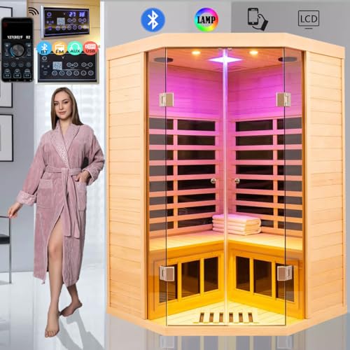 2-3 Person Low EMF FAR Infrared Sauna, Hemlock 2 Door Luxury Toughened Glass Indoor Saunas for The Home, 1520w, App & LCD Panel Control, Bluetooth Speakers, Chromotherapy Lights, Reading Lights KUNSANA