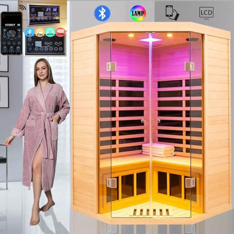 2-3 Person Low EMF FAR Infrared Sauna, Hemlock 2 Door Luxury Toughened Glass Indoor Saunas for The Home, 1520w, App & LCD Panel Control, Bluetooth Speakers, Chromotherapy Lights, Reading Lights KUNSANA