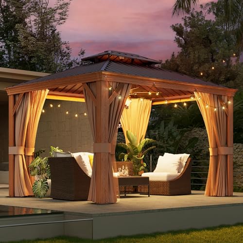 Aoxun 10' x 12' Hardtop Gazebo, Wooden Finish Coated Aluminum Frame Canopy, Galvanized Steel Double Top, Outdoor Permanent Metal Pavilion with Curtains and Netting, for Backyard, Patio and Deck Aoxun