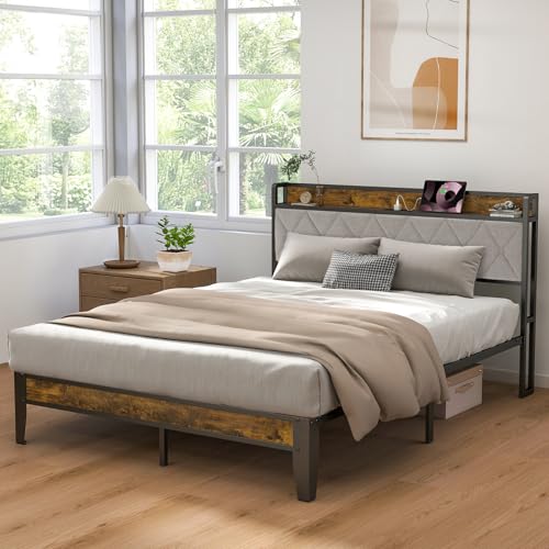 DUMOS Queen Bed Frame with Headboard, Storage Headboard with USB Charging Station, Durable Squeak-Free Frame, Simple No-Tool Assembly,Works with Queen Mattress No Box Spring Needed DUMOS