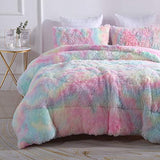 Wajade Faux Fur Plush Rainbow Comforter Set Fluffy Fuzzy Shaggy Bedding Set - 3PC Full Size Microfiber Soft Warm Quilt Set Wajade