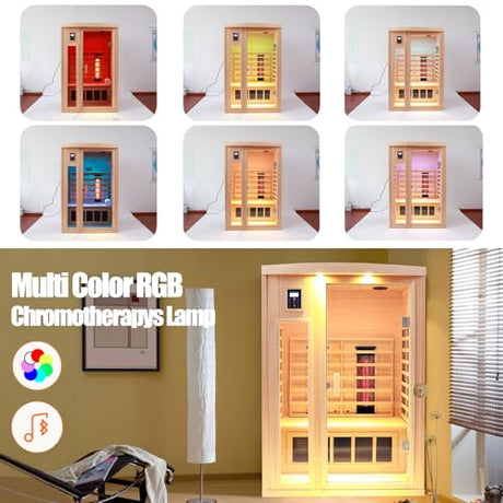 KUNSANA Ceramic Infrared Sauna, 2 Person Infrared Saunas for Home, Hemlock Wood Sauna Room, 2 in 1 Indoor Sauna with Low EMF Heaters + Ceramic Heating Cubes-Chromotherapy-Bluetooth Speaker KUNSANA