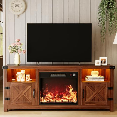 YESHOMY LED Fireplace TV Stand with Mood Lighting, TV Cabinet with Open Shelf, Farmhouse Media Console with Hidden Cable Routing, Entertainment Center for Televisions up to 65+ Inch, Walnut YESHOMY