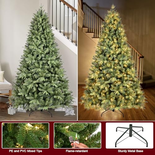 Treepool 8FT Pre-Lit Artificial Christmas Tree with 2748 PE&PVC Mixed Branch Tips, 600 Warm White Lights, Hinged Premium Spruce Fake Xmas Trees, Green, Foldable Base