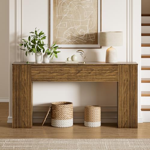 FABATO 61'' Fluted Long Console Table, Wooden Rectangular Sofa Table Behind The Couch, Narrow Entryway Table with 2 Hidden Storage Cabinets for Entrance, Hallway, Living Room, Foyer, Brown FABATO