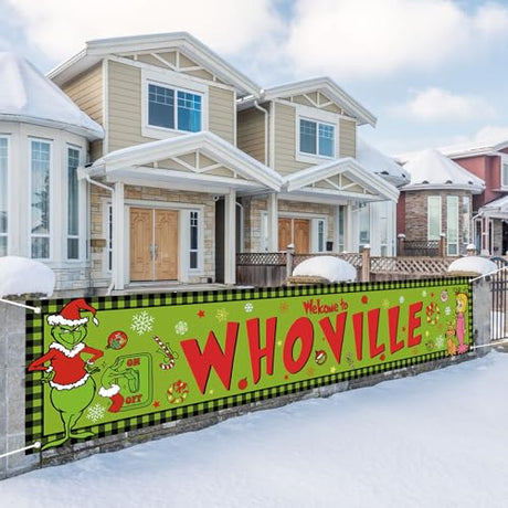 Large Welcome To Whoville Banner for Fence Whoville Christmas Xmas Winter Holiday Decorations Outdoor Outside Fence for Home Jiudungs