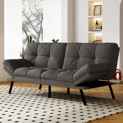Vipbear Convertible Futon Sofa Bed, Grey Linen Futon Couch with Adjustable Backrest & Armrests, Folding Small Recliner Sleeper Sofa Bed for Living Room, Apartment, Office