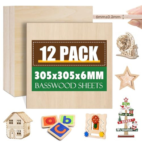 12 Pack Basswood Sheets 1/4x12x12 Inch, 6mm Basswood for Laser Cutting and Engraving, 1/4 Plywood Boards for Crafts,Wood Burning,Architectural Models, Painting. ESRICH