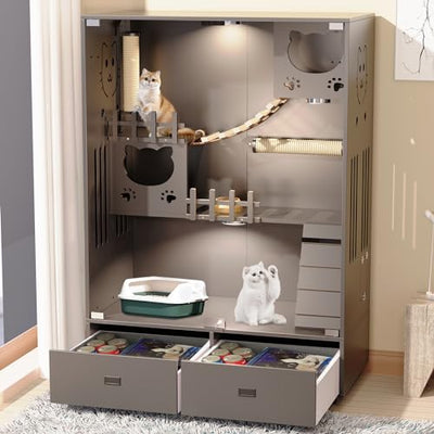 Wooden Cat House Large Space Cat Cage, Indoor/Outdoor Cat Enclosure with Wheels, Multi-Feature Enclosed Cat Condo with 2 Drawers for Indoor Cats Ventilation Glass Doors,57" X 36" X 24"
