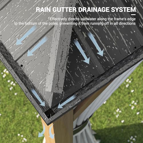 UDPATIO 10' x 12' Hardtop Gazebo, Wood Grain Finish Aluminum Frame Outdoor Gazebo with Galvanized Steel Double Roof, Metal Gazebo Canopy with Curtain and Netting for Garden, Patio and Deck, Grey UDPATIO