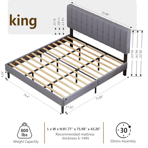DUMOS King Size Bed Frame - Fabric Upholstered Platform Bed with Headboard, 800LBS Sturdy Wooden Slats Support, No Box Spring Needed, Noise Free, Easy Assembly, Grey DUMOS