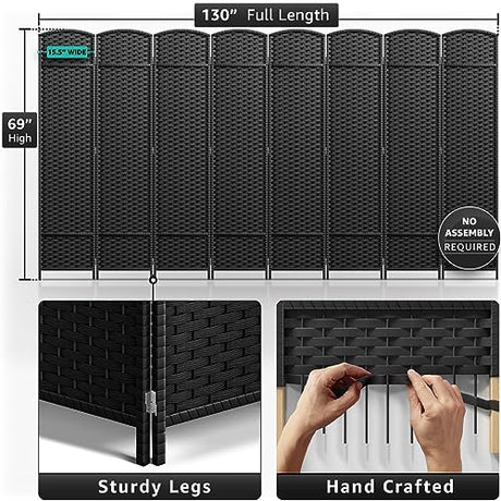 Sorbus 8-Panel Black Room Divider with Double Hinged Panels, 6 ft Tall Folding Privacy Screen Sorbus