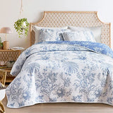 Flysheep Reversible Quilt Set Full Queen Size, 3 Pieces White Blue Botanical Floral Printed Summer Bedding Set, Soft Microfiber Lightweight Bedspread/Coverlet for All Season - 92"x90" Flysheep