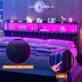 Aheaplus King Size Upholstered Headboard with USB Ports, Outlets, LED Lights, and Storage - Black Leather, Height Adjustable Aheaplus