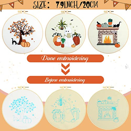 Yuxung 5 Sets Embroidery Kit for Beginners Adult Fall Thanksgiving Embroidery with Pumpkin Maple Leaf Pattern DIY Starter Needlepoint Kit with Embroidery Hoop Thread Needle for Halloween Craft Lover Yuxung