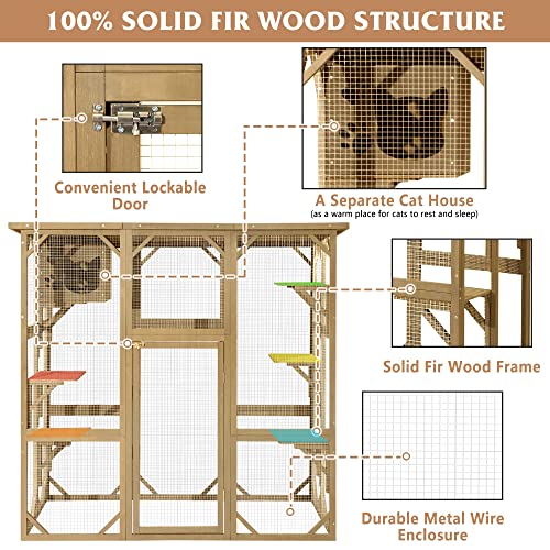 MAGIC UNION Large Fir Wooden Outdoor Indoor Catio Cat Enclosure with Weather Protection Roof with Cattery and 5 Platforms - WoodArtSupply