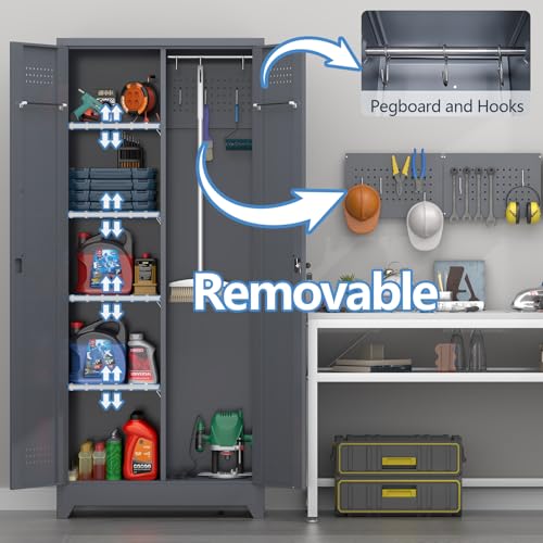 NICEGDLT Metal Storage Cabinet with Lock,72" Garage Storage Cabinets with Hanging Rod & S-Hooks,Large Storage Cabinet with Shelves,Locking Tool Utility Closet for Home,Garage,Utility Room,Dark Grey NICEGDLT
