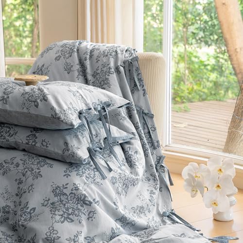 VM VOUGEMARKET Duvet Cover Set King Size Linen Cotton Yarn-Dyed Duvet Cover,Jacquard Garden Floral Pattern Monet Style 3Pieces Bedding Set,Navy Blue VM VOUGEMARKET