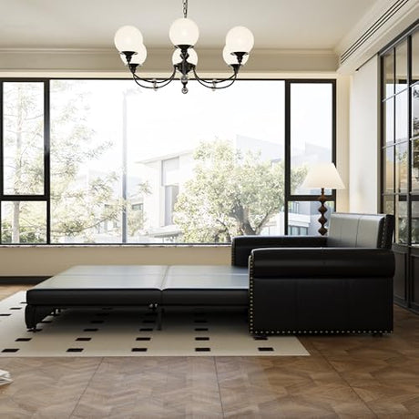 Tabaray 93.7" King Pull Out Sofa Bed, Faux Leather Sleeper Sofa Couch, 3 in 1 Convertible Futon Couches for Living Room, Small Space, Apartment, Office, Bedroom, Modern Rivet Armrest, Black Tabaray