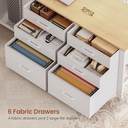 SEDETA L Shaped Electric Standing Desk, 55" x 55" Height Adjustable Office Executive Desk with 6 Fabric Drawers and Storage Shelves, Sit Stand Computer Desk with Power Outlet for Home Office (Oak) SEDETA