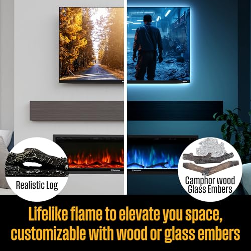 Westinghouse 60 Inch Electric Fireplace Heater, Compatible with Alexa & Google Home, Wall Mount or in-Wall Recessed Fireplace Insert, 24 Hour Timer, Color Changing Flames, 750W/1500W Indoor Heater Westinghouse