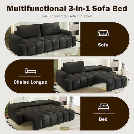 LuxyHoom 90.2" Futon Sofa Bed King, 3-in-1 Teddy Convertible L-Shaped Sofa, Upholstered Loveseat Couches, Pull Out Couch Bed Small Spaces, Deep Seat, Storage for Living Room, Apartment, Black LuxyHoom