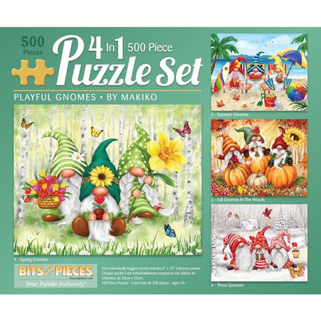 Bits and Pieces – 4-in-1 Multi-Pack 500 Piece Jigsaw Puzzles for Adults – Playful Gnomes' Jigsaw Puzzle Set Bundle by Makiko, Completed Puzzle Size: 16" x 20" Bits and Pieces