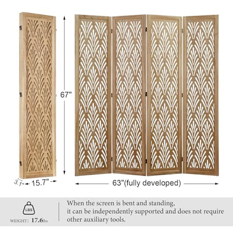5.6Ft Room Divider Folding Wood Simple Carved Partition Screen for Home Office Garden - 4 Panels (Natural) Svimi