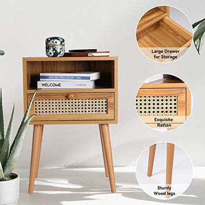 Rattan Nightstand Bedside Tables, Modern Wood Side Table Small End Table for Bedroom Living Room with Long Solid Wood Legs Drawer and Open Shelf