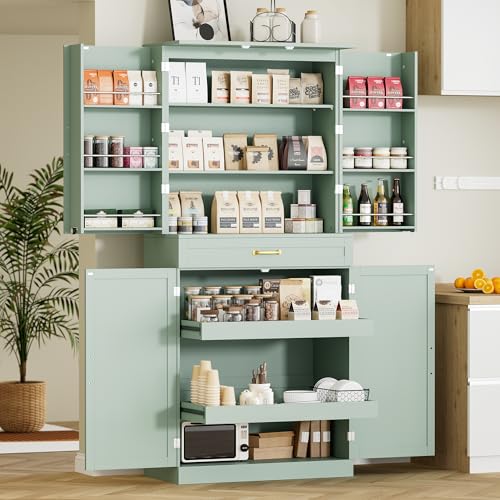 HQZX 71’’ Tall Kitchen Pantry Cabinet, Pantry Storage Cabinet with 6 Doors Shelves, Large Drawer & 2 Pull Out Shelves, Freestanding Cupboard for Kitchen, Dining Room, Green HQZX