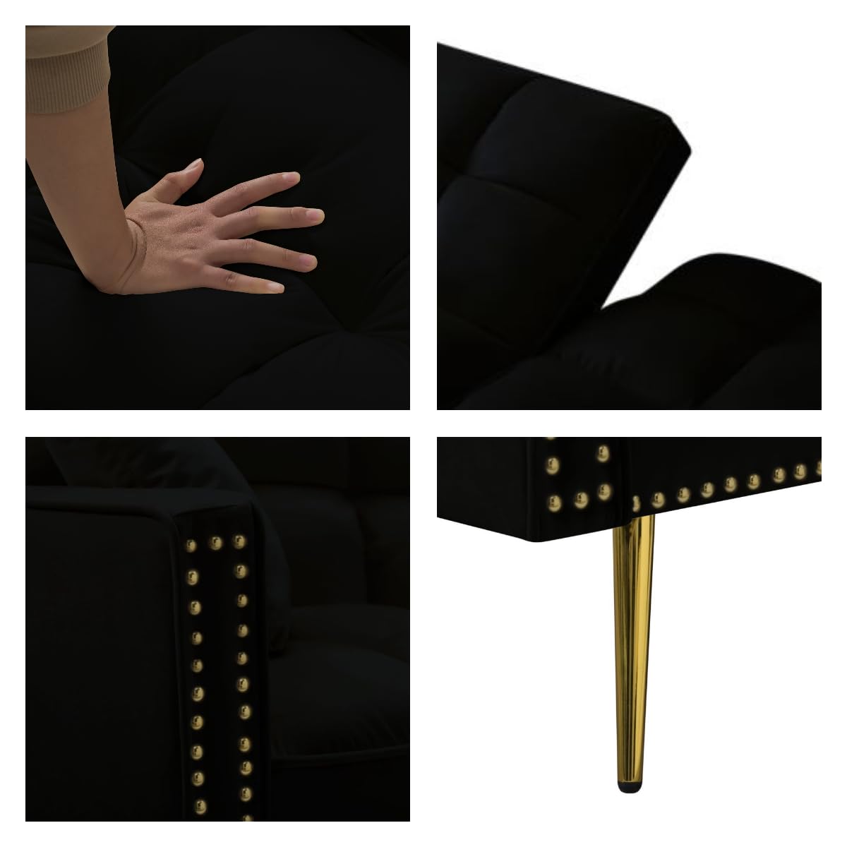 GlasFlength Sectional Couches for Living Room - Convertible Sleeper Sofa Bed, Reversible Chaise Lounge, Nailhead Decor L-Shaped Sectional Sofa Bed for Home, Office, Apartment - Black GlasFlength