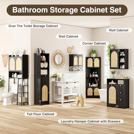 FiveWillowise 67''H Tall Corner Cabinet with Handmade Rattan Door, Rattan Storage Cabinet with Adjustable Shelves, Corner Bookshelf Space Saver for Barthroom, Kitchen, Living Room, Black FiveWillowise