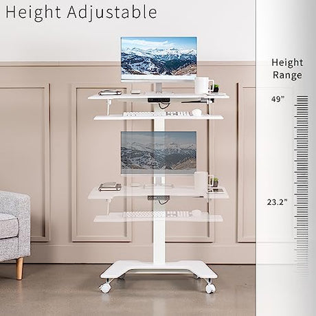VIVO White Electric Mobile Height Adjustable 36 inch Dual Platform Standing Desk with Wheels, Rolling Small Space Table, Sit Stand Workstation, DESK-V111VTW VIVO