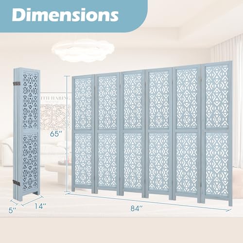 Giantex Room Divider 6 Panels - Boho Room Dividers with Carved Cutout Pattern & Solid Wood Frame, Fully Assembled, 65'' Folding Privacy Screen Partition Wall Divider for Room Separation, Light Blue Giantex