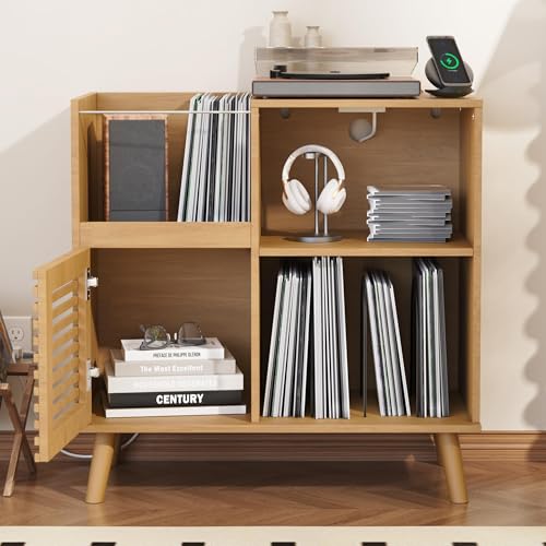 Furnify Record Player Stand with Power Outlet, Vinyl Record Storage Table Holds Up to 200 Albums, Mid-Century Turntable Stand with Slatted Doors for Living Room, Bedroom, Oak Furnify