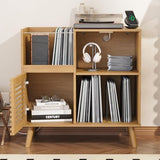 Furnify Record Player Stand with Power Outlet, Vinyl Record Storage Table Holds Up to 200 Albums, Mid-Century Turntable Stand with Slatted Doors for Living Room, Bedroom, Oak Furnify