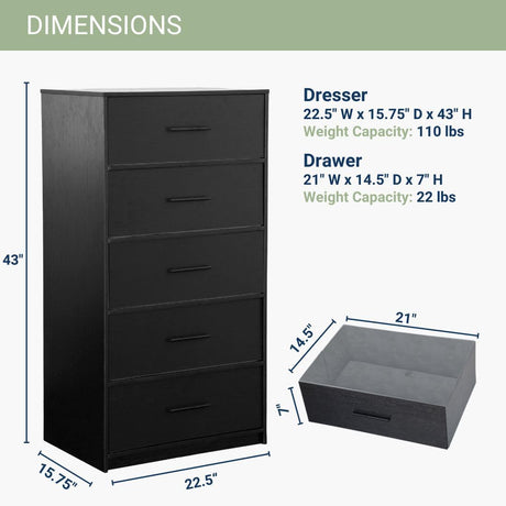 5-Drawer Dresser with Extra Large Fabric Drawers, Wood Frame Dresser with 5 Drawers for Bedroom or Living Room Storage, Hallway, Fabric Bins for Closet or Hallway Storage Organizer, Toy Chest, Black Techni Home
