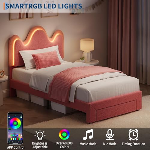 IDEALHOUSE Twin Bed Frame with LED Headboard and Under-Bed Drawer, Metal Upholstered Platform Bed with LED Light for Kids, Girls, Lamb Fleece Fabric, Wooden Slats Support, No Box Spring Needed, Pink IDEALHOUSE