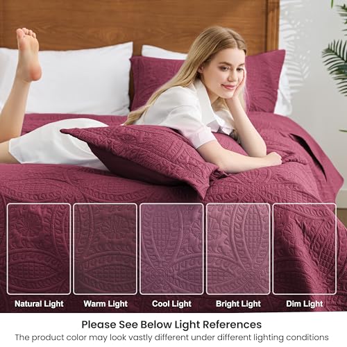 Love's cabin California King Size Quilt Bedding Set Burgundy Bedspreads - Cal King Lightweight Bedspread Comforter - Coin Pattern Coverlet for All Season - 3 Pieces (1 Quilt, 2 Pillow Shams) Love's cabin