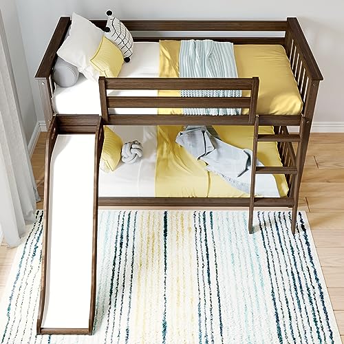 Max & Lily Twin Over Twin Low Bunk with Slide and Ladder, Wooden Bunk beds with 14” Safety Guardrail for Kids, Toddlers, Boys, Girls, Teens, Bedroom Furniture, Walnut Max & Lily