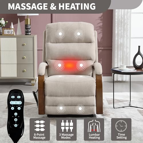 RHHVVR Dual Motor Power Lift Recliner Chair, 350 lbs Electric Recliners with Massage and Heat, Solid Wood Armrest Back Footrest Adjustable Living Room Chair for Elderly, Beige RHHVVR