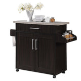 Hodedah Rolling Wood Kitchen Island Cart with Spice Rack, Towel Rack, Utensil Drawer plus Cabinet, White with Beech Top Hodedah