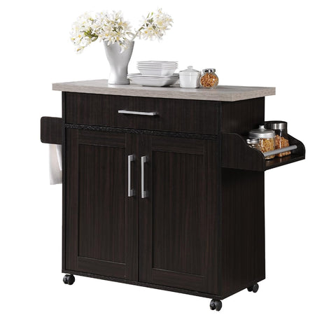 Hodedah Rolling Wood Kitchen Island Cart with Spice Rack, Towel Rack, Utensil Drawer plus Cabinet, White with Beech Top Hodedah