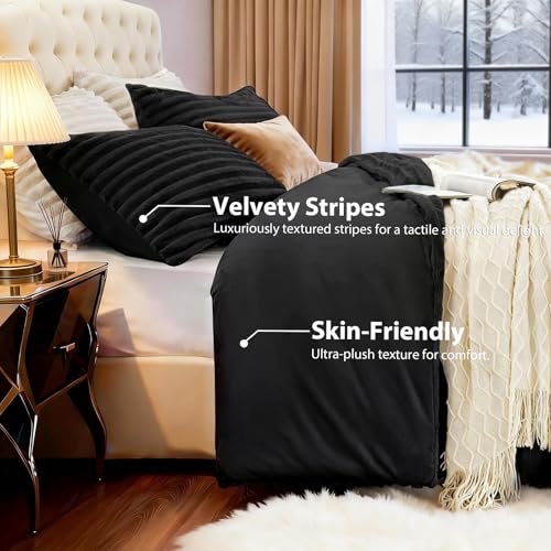 EXQ Home Fluffy Comforter Set King Size - Super Soft Faux Fur Stripe Jacquard Comforter 3 Pieces, Black Fleece Bedding Set,Winter Warm Bed Set,1 Comforter with 2 Pillowcases EXQ Home