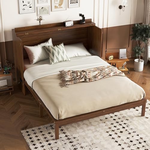 KEIKI Queen Size Murphy Bed Cabinet with Power Station & Large Drawer, Pine Wood Folding Chest Bed with Rattan Panel, Space-Saving Wall Bed, Walnut KEIKI