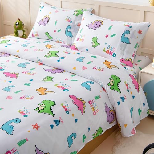 Swiftify Queen Sheet Set for Kids Boys & Girls, 4-Piece Bed Sheet Set for Teens Boys Girls, Cartoon Printed Bedding Set, Microfiber Deep Pocket, Wrinkle & Fade Resistant, Cute Dinosaur Swiftify