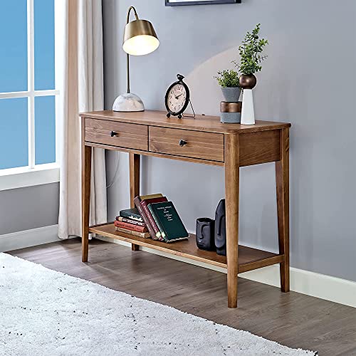 MUSEHOMEINC California Mid-Century Solid Wood 2-Tier Console Table with Drawers and Shelf/Console Sofa Table/Hallway/Entryway Table, Honey Brown - WoodArtSupply