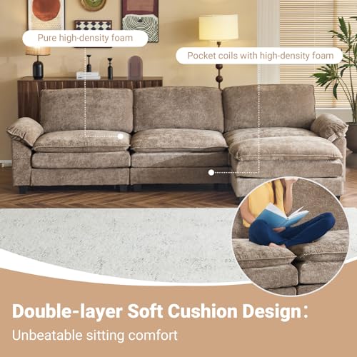 VINGLI Convertible Modular Sectional Sofa with Deep Seat & Movable 2-Layer Ottoman, L-shape Cloud Sofa with Chaise &Armrests, Oversized 3-Seater Couch for Living Room & Apartment, Chenille,Light-Brown VINGLI
