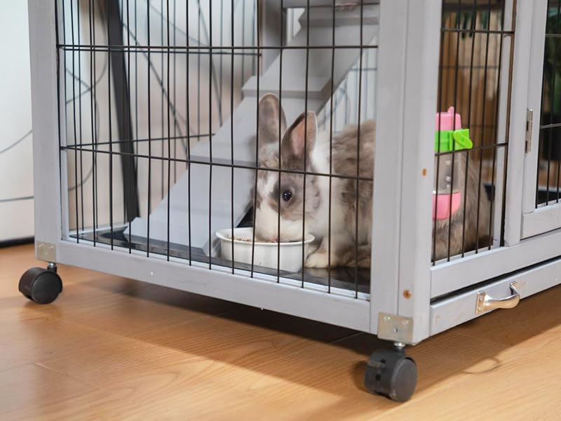 Rabbit Hutch Indoor Outdoor Bunny Cage 39" L Large 2-Story Wooden Small Animal House Enclosure with Wheels, 2 Removable Trays, Waterproof Openable Roof, Grey COZIVVOVV